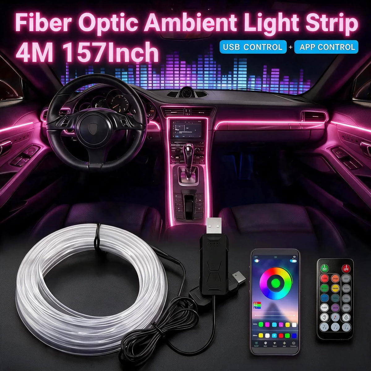 RGB Car Interior Ambient LED Light Strip Invisible USB With App